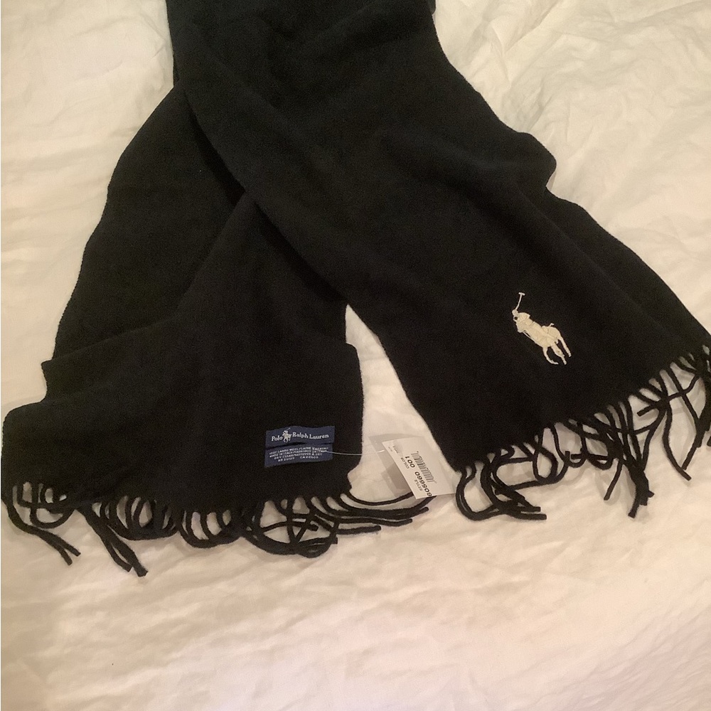 ITALIAN MADE 60” NEW POLO RALPH LAUREN SCARF. BLACK WITH WHITE EMBROIDERED LOGO.